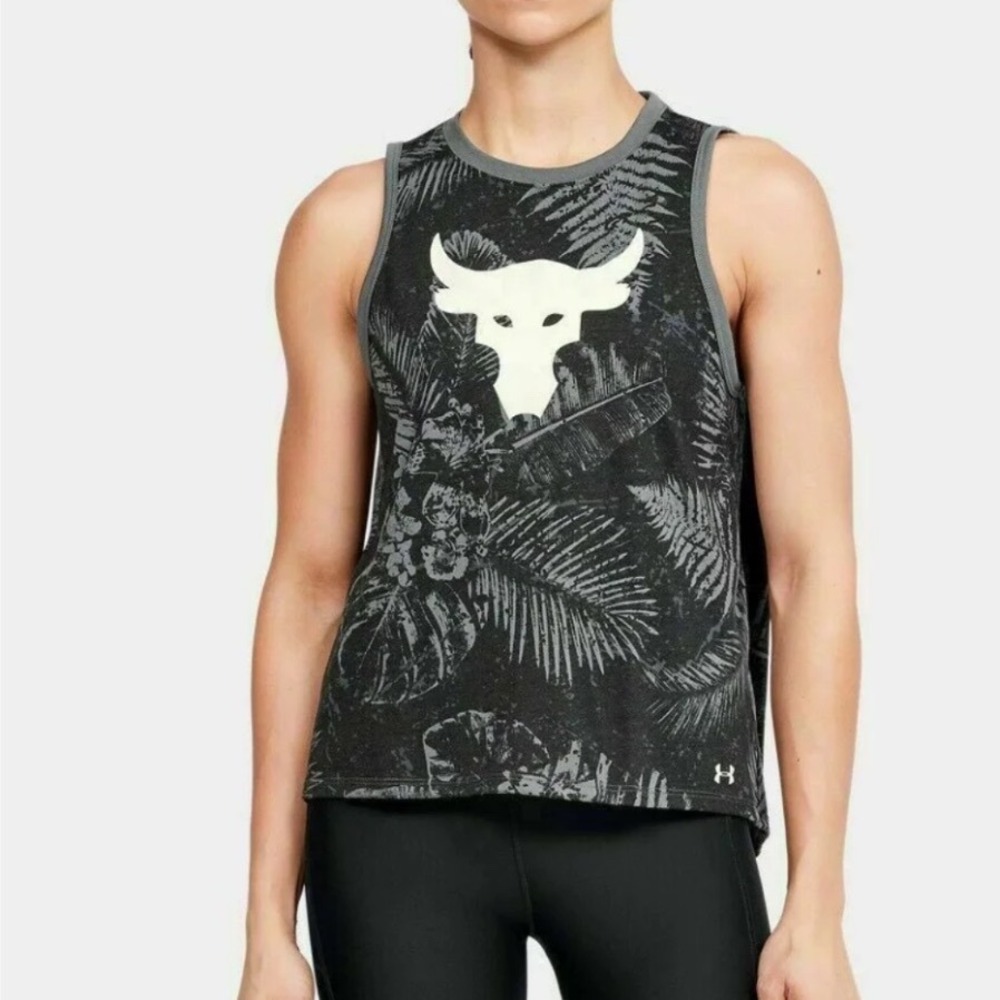 Under Armour Project Rock Brahma Bull Tank Top Small Gray Palm Print HeatGear
